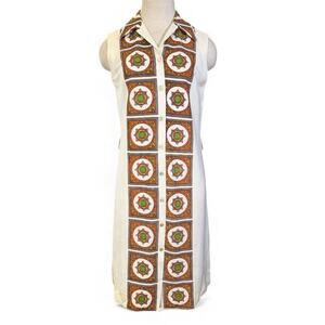 Vtg Button Front Sleeveless Shift Dress Sz S Cream Multi Retro Unique Resortwear